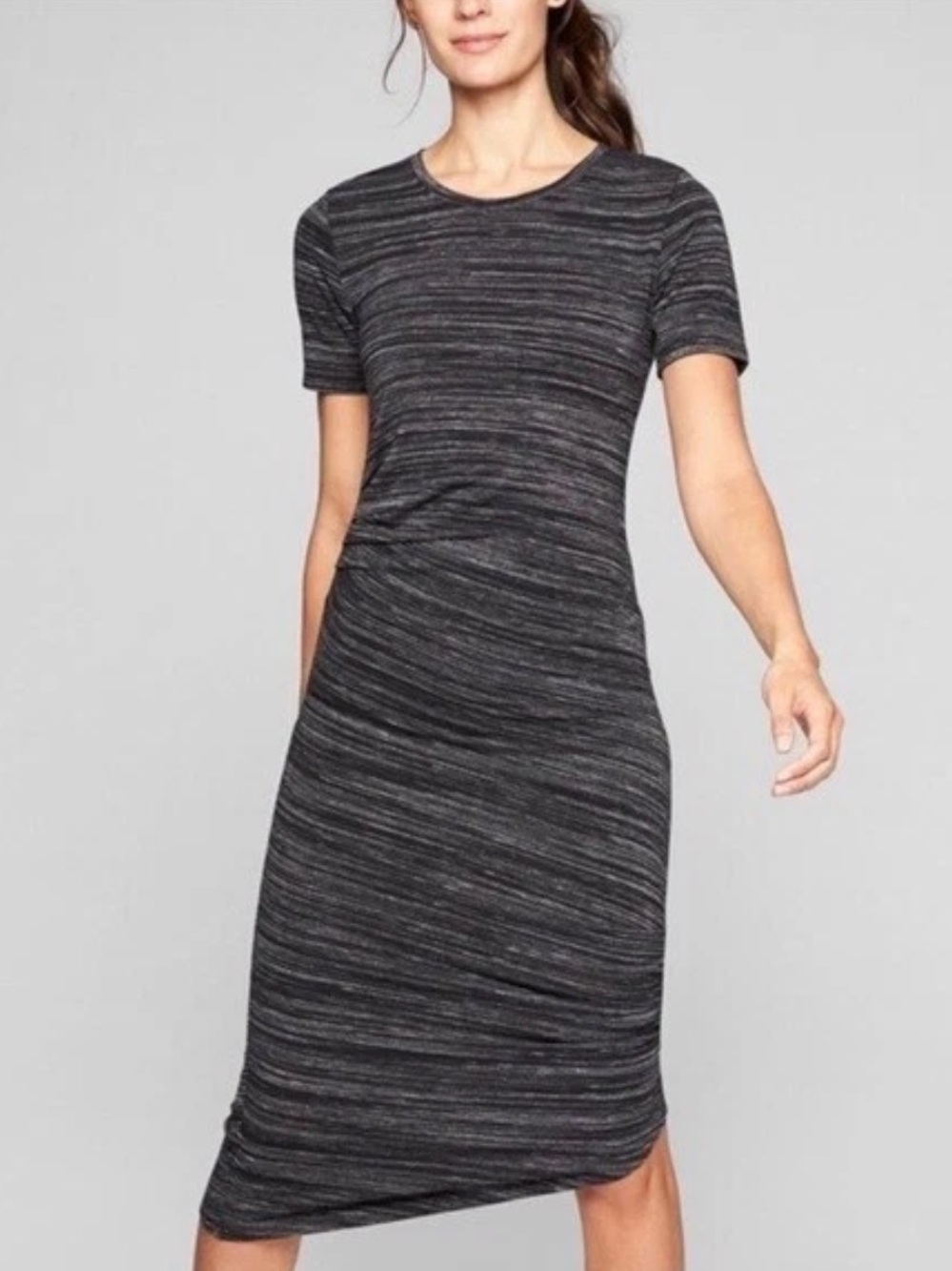 ATHLETA Gray Ruched Midi Dress S Space Dye Stretch Athleisure